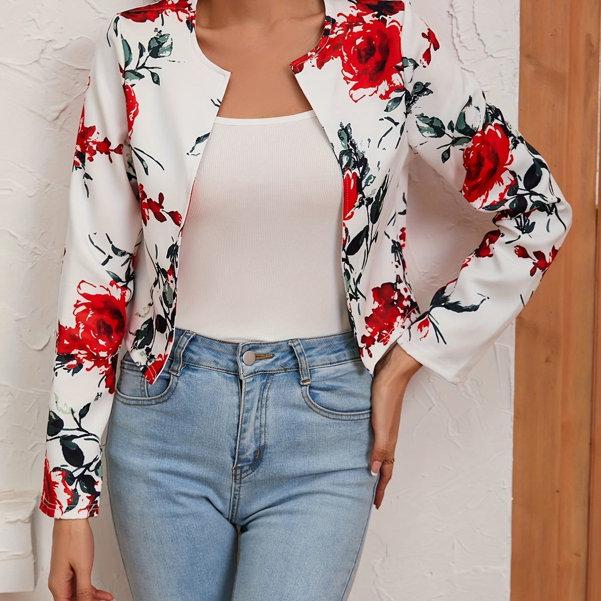 Floral Print Open Front Crop Jacket for Women