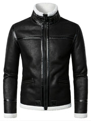Men's Warm Fleece PU Jacket with Stand Collar for Fall Winter