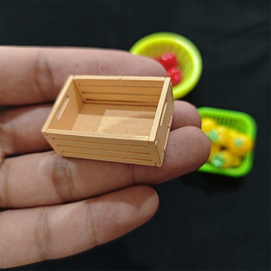 4pcs Mini Wooden Fruit Frame & Cloth Storage Basket Dollhouse Accessories