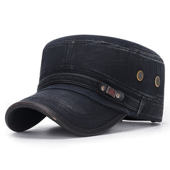 Slub Cotton Flat Cap Retro Leather Trim Baseball Cap