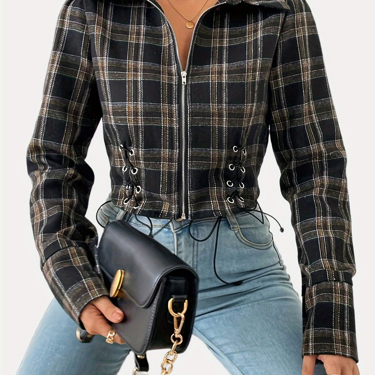 Plaid Drawstring Jacket Zip Up Casual Coat