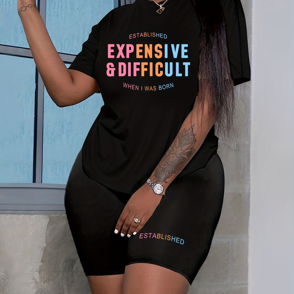  Slogan Print Short Sleeve Top & Shorts Set