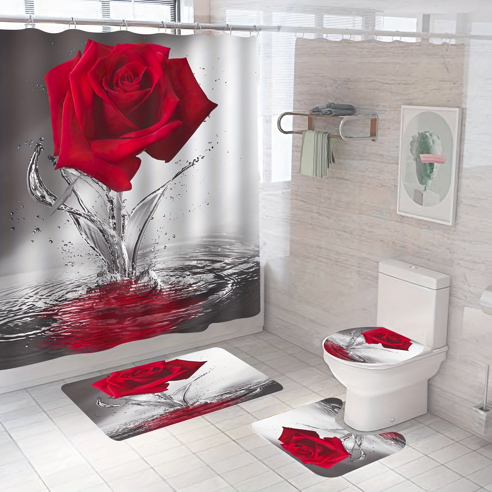 Romantic Floral Red Rose Shower Curtain Set with Non Slip Mat and Hooks