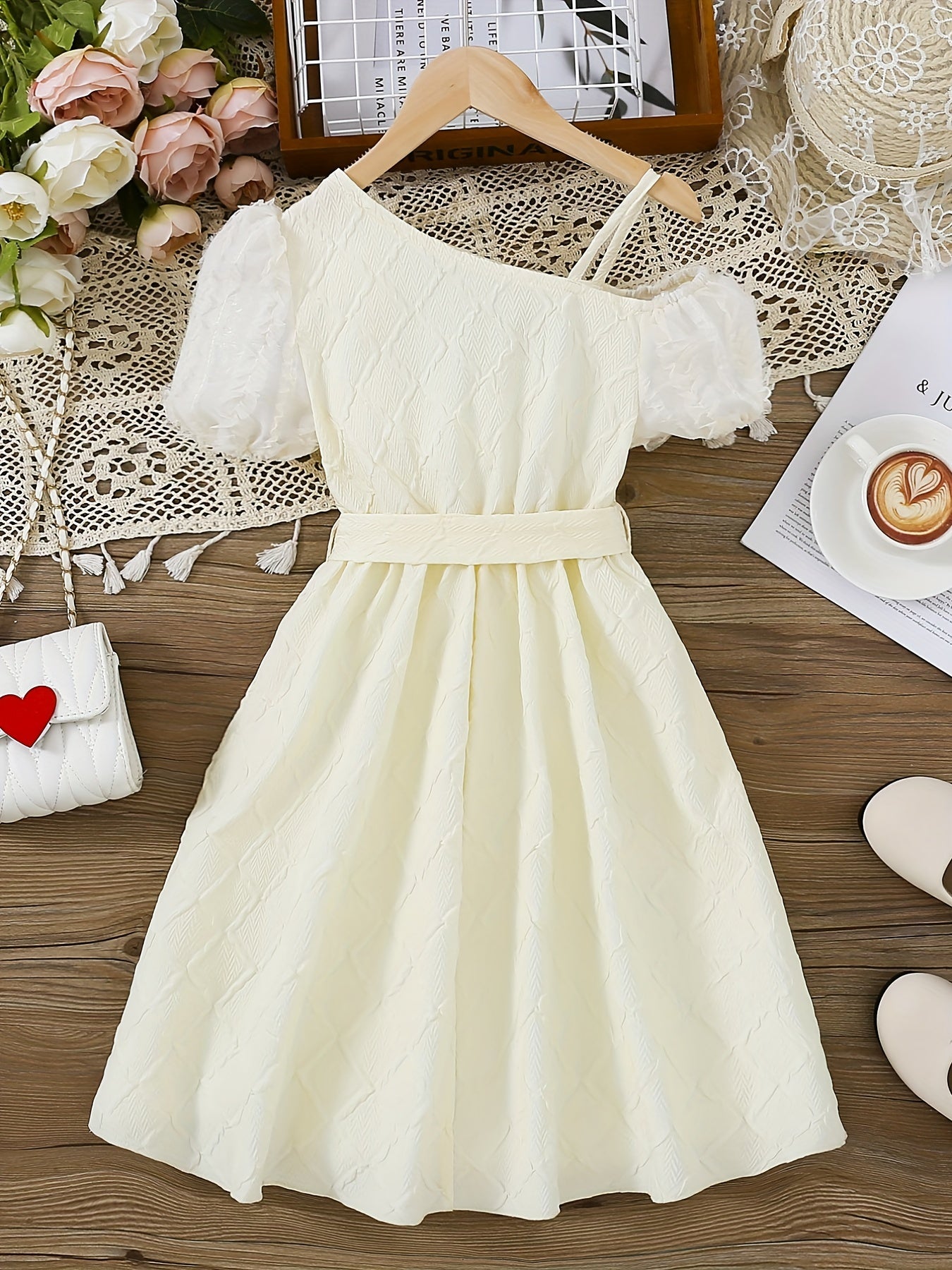 Girls' Asymmetric Shoulder Puff Sleeve Princess Dress