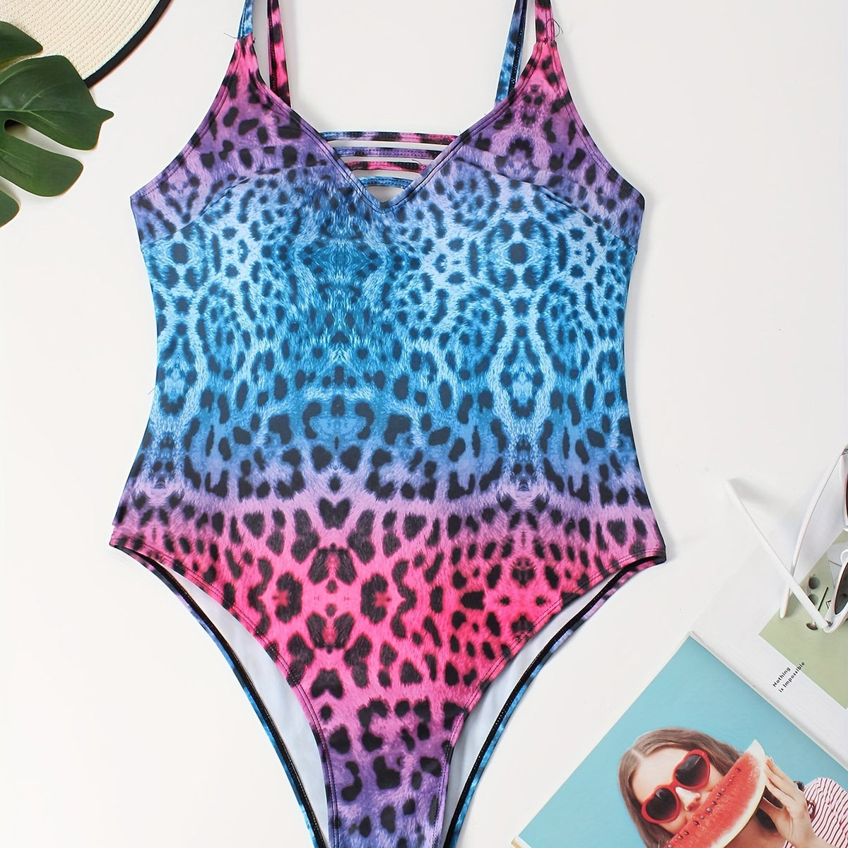  Sexy Swimsuit Ombre Leopard Print V Neck Padded One Piece
