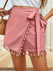  Retro Skort Women's Plus Solid Wrap Tassel Trim Side Tie Elastic