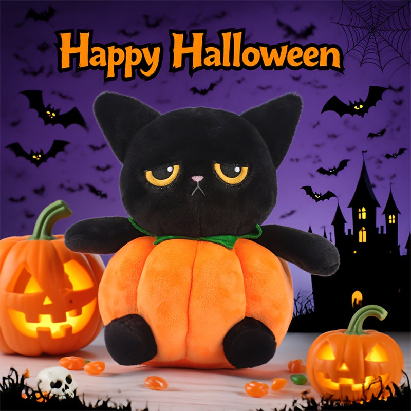 JACKCAT Halloween Pumpkin Cat Plush Toy Soft Orange Stuffed Animal Green