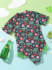 Flamingo & Flowers Graphic Short Sleeve Swimsuit