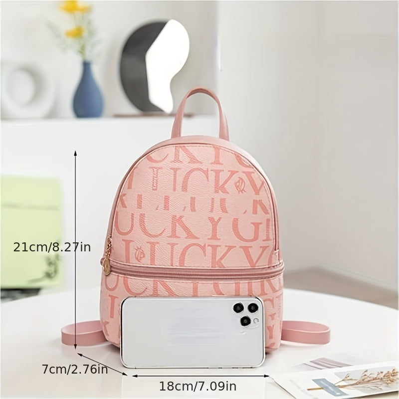 Mini Letter Graphic Backpack Faux Leather Daypack Women's Travel School Bag