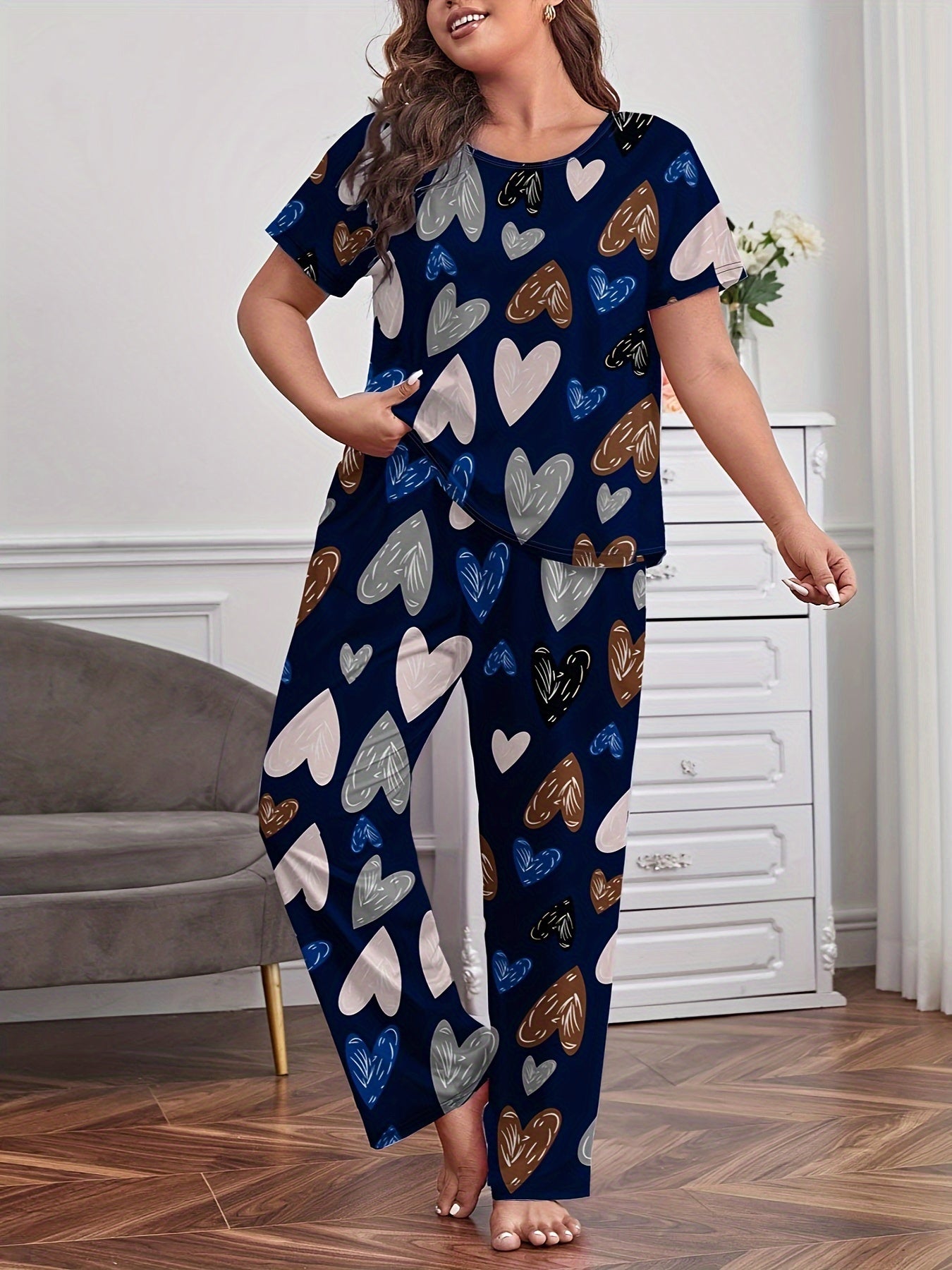  Heart Print Pajama Set - Short Sleeve T-shirt & Pants