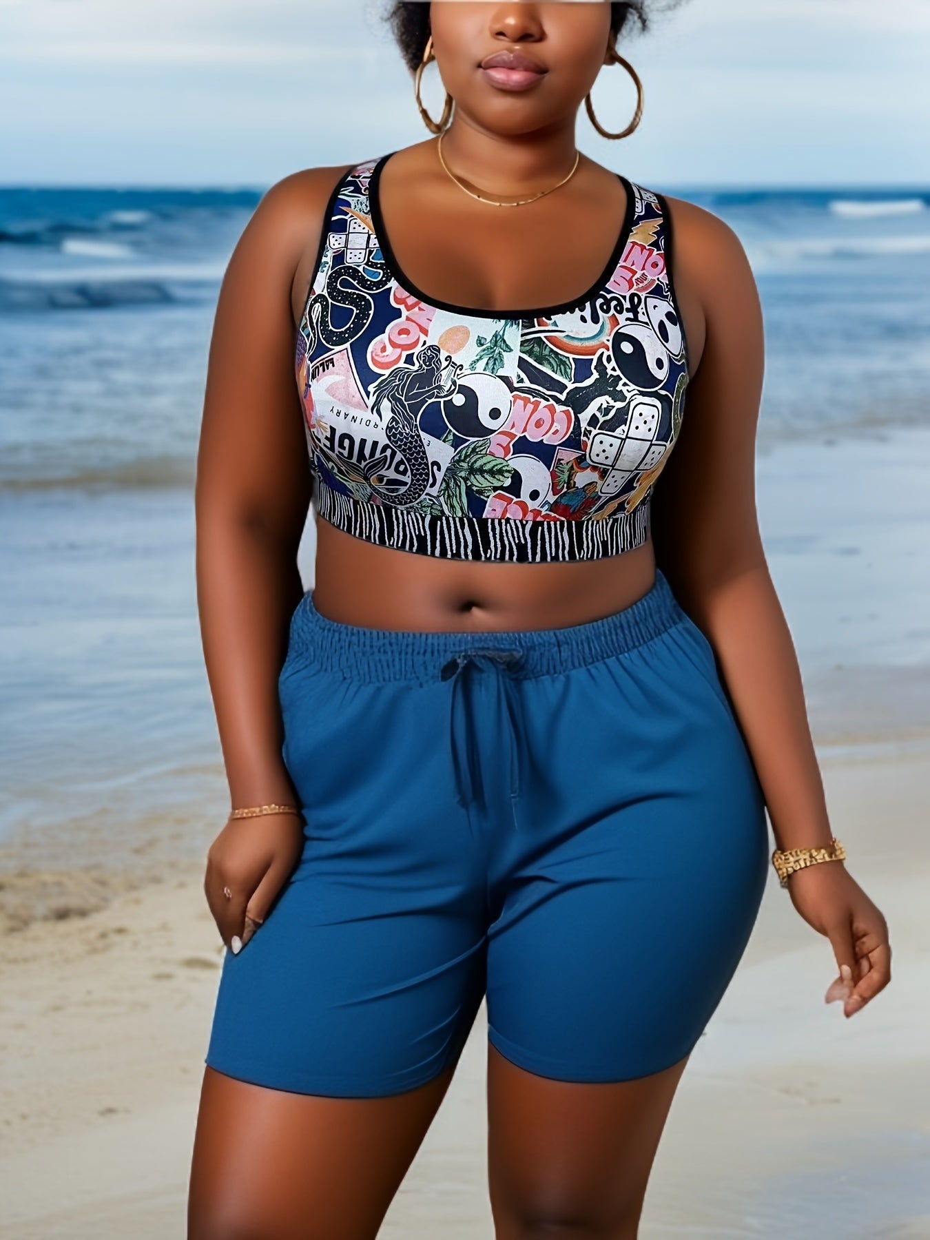  Sports Tank Top Graphic Print High Stretch Round Neck Plus Women