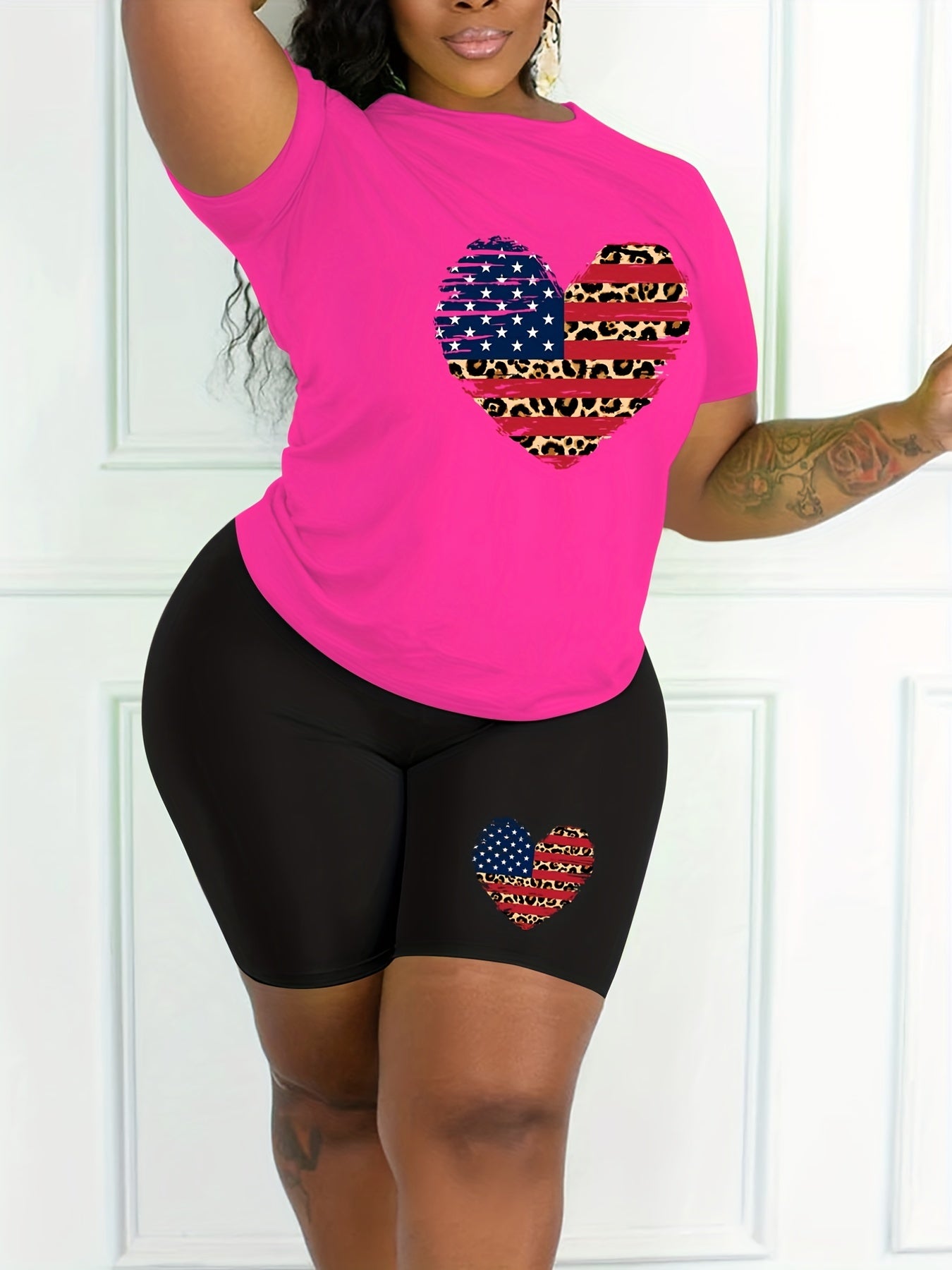  Colorblock Leopard & Heart & Flag Print Top & Shorts Set