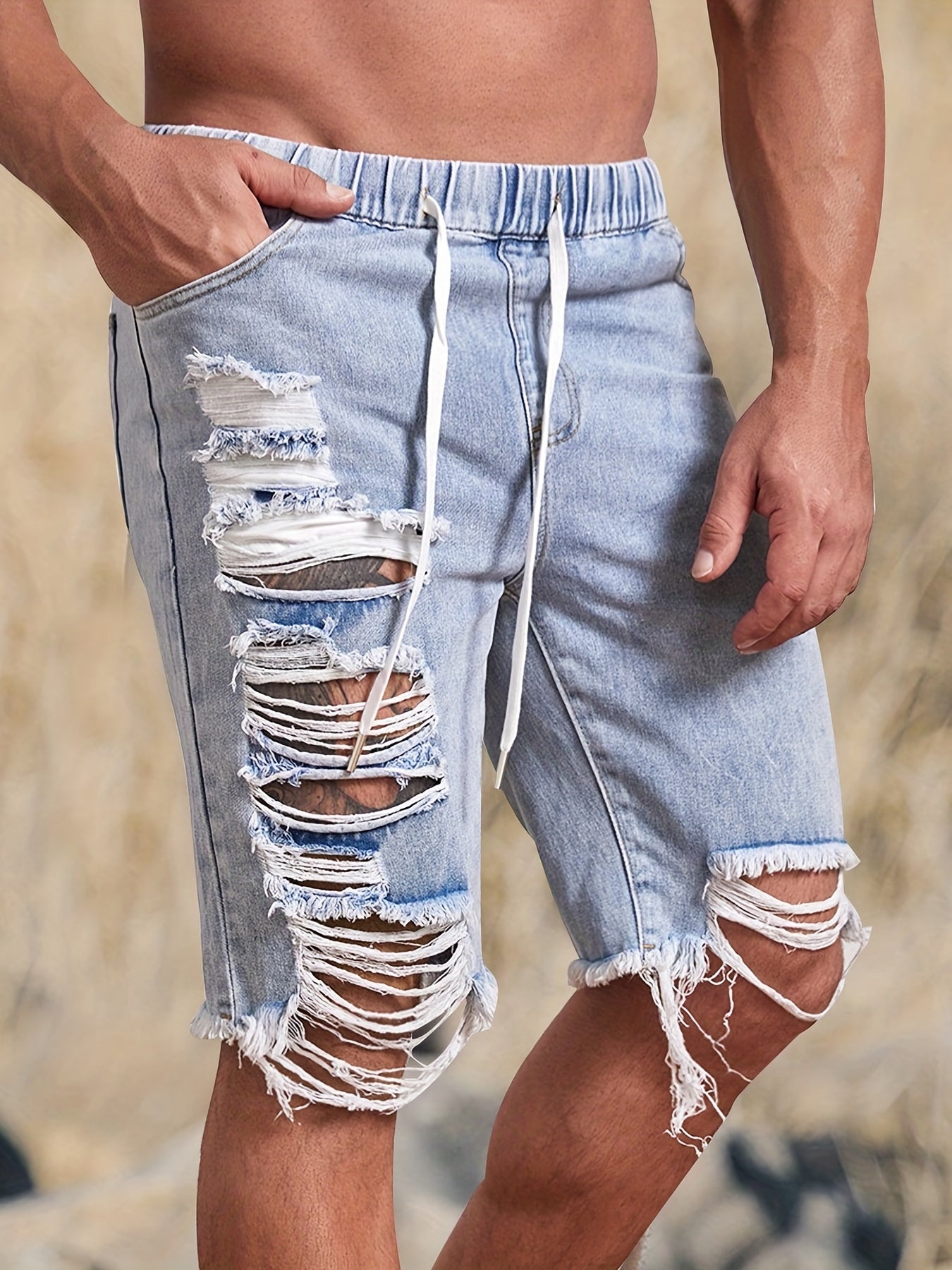 Men's Distressed Drawstring Denim Shorts for Summer