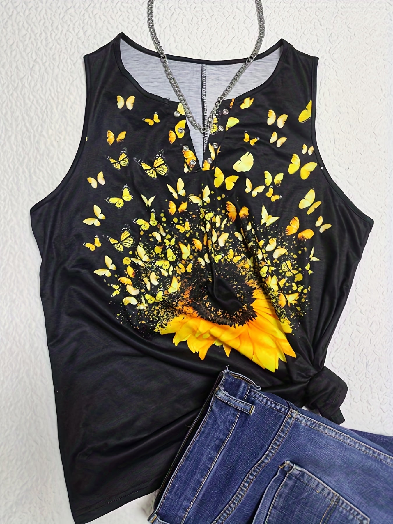  Butterfly Sunflower Print Tank Top