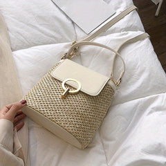 Straw Weaving Crossbody Bag Flap Slouchy Bucket Bag