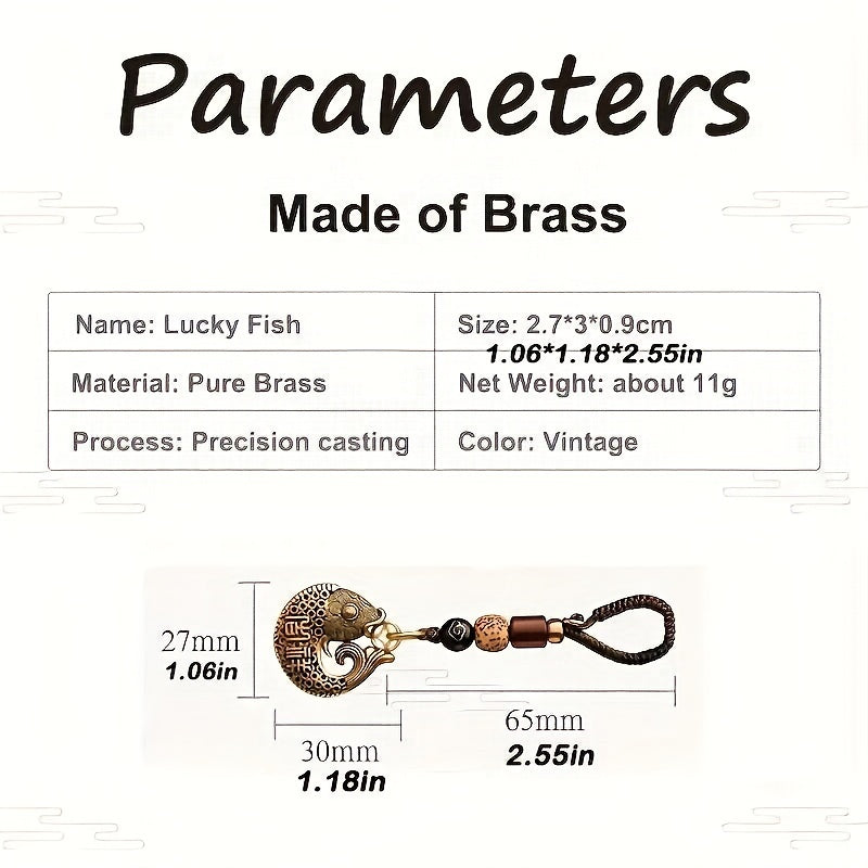 Lucky Fish Brass Car Pendant Key Chain Vintage Chinese Style Hand woven Rope