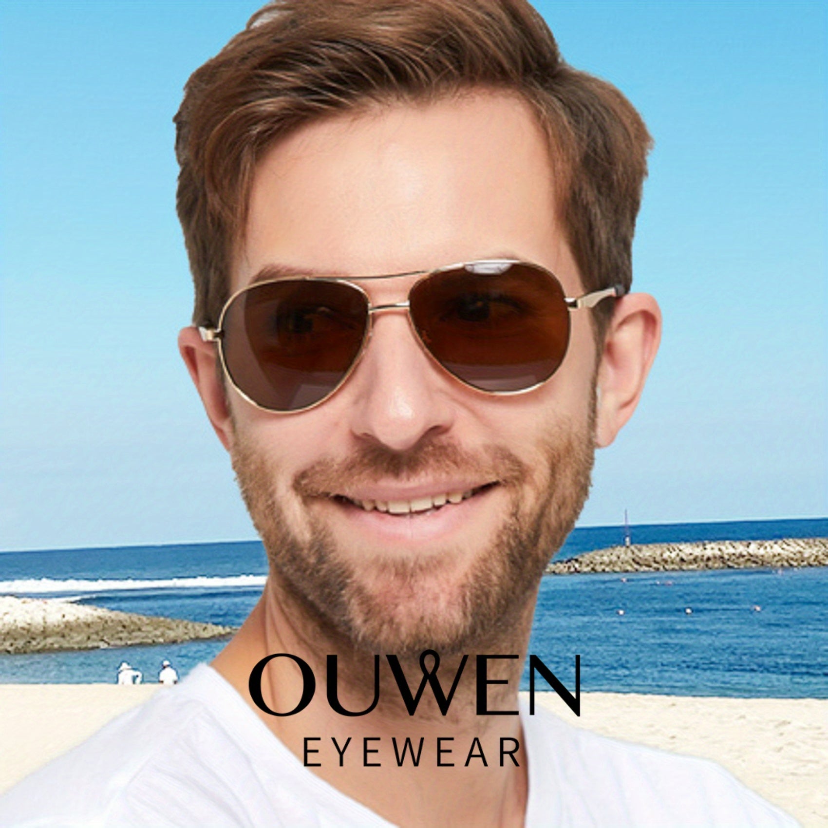 OUWEN Golden Frame Tea Lens Aviator Sunglasses for Men
