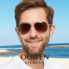 OUWEN Golden Frame Tea Lens Aviator Sunglasses for Men
