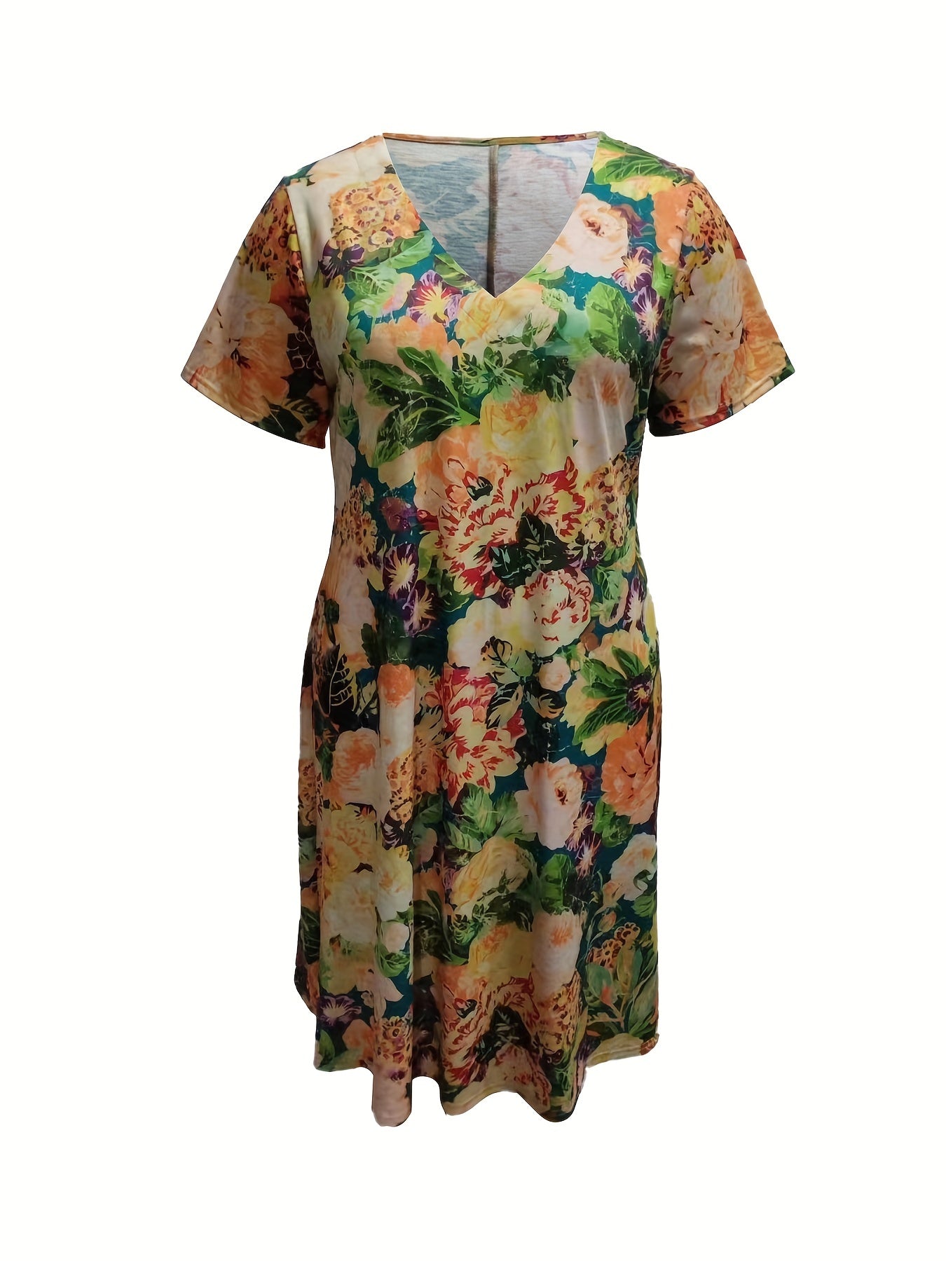  Floral Print V Neck Stretch Dress