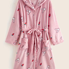  Rabbit & Carrot Print Hooded Bathrobe