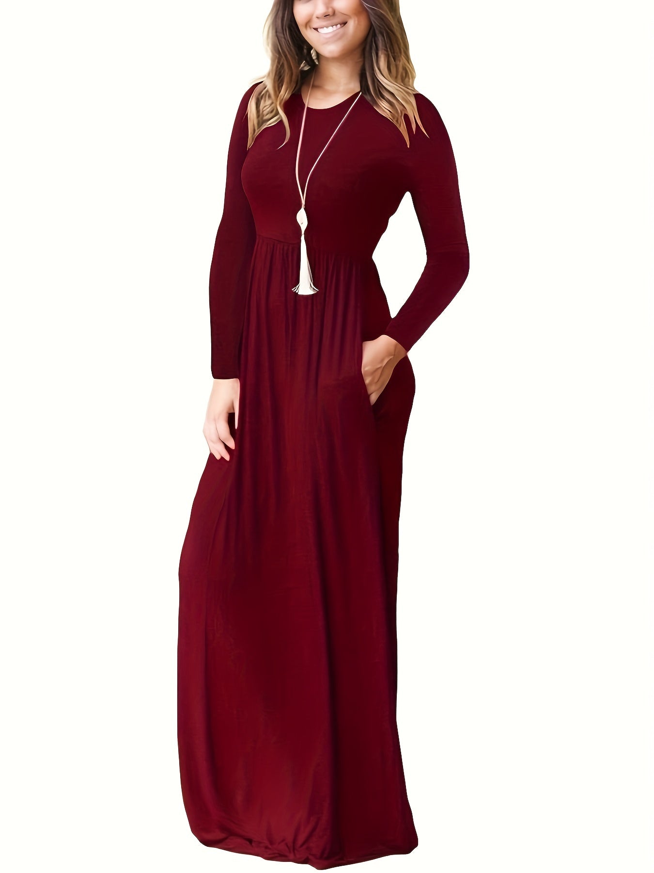  Solid Long Sleeve Maxi Dress