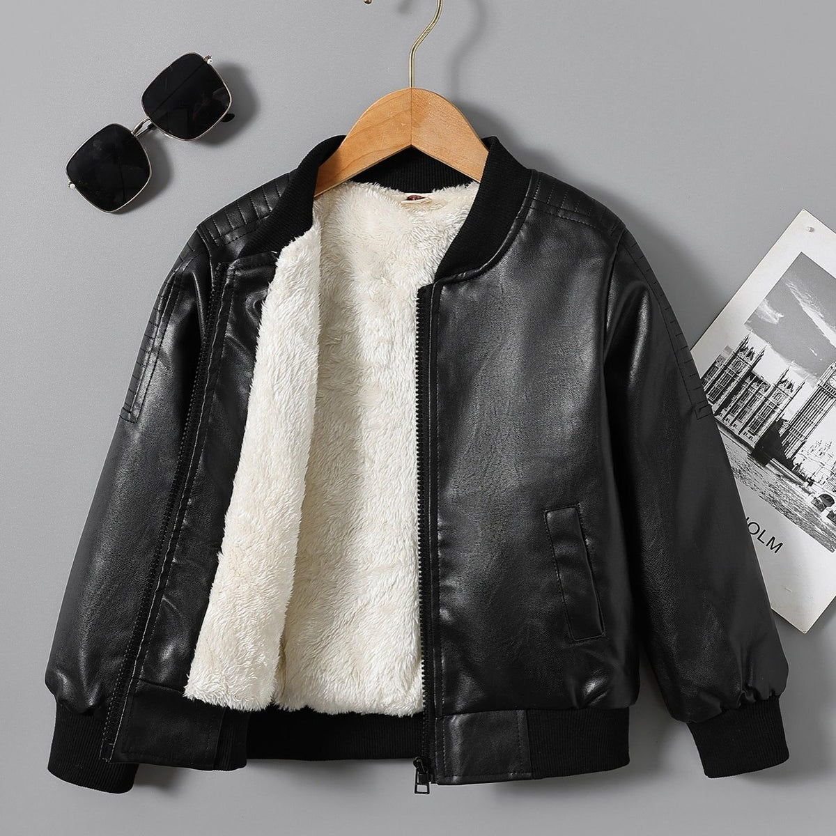 Boys Fleece Zipper Leather Jacket
