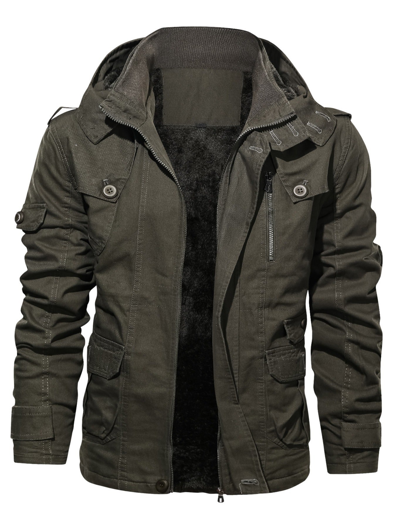 Men's Fleece Warm Cargo Hooded Jacket Vintage Long Sleeves For Winter