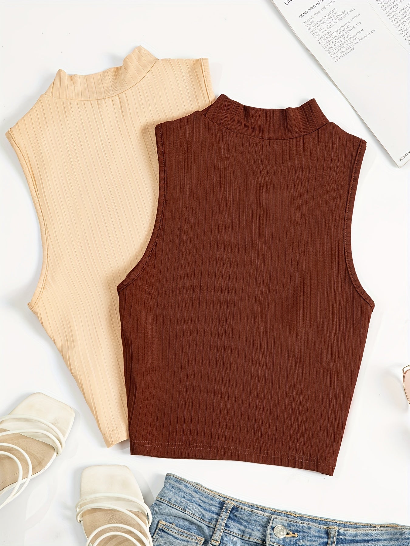 Solid Mock Neck Tank Top Sleeveless Casual Summer Women's Top