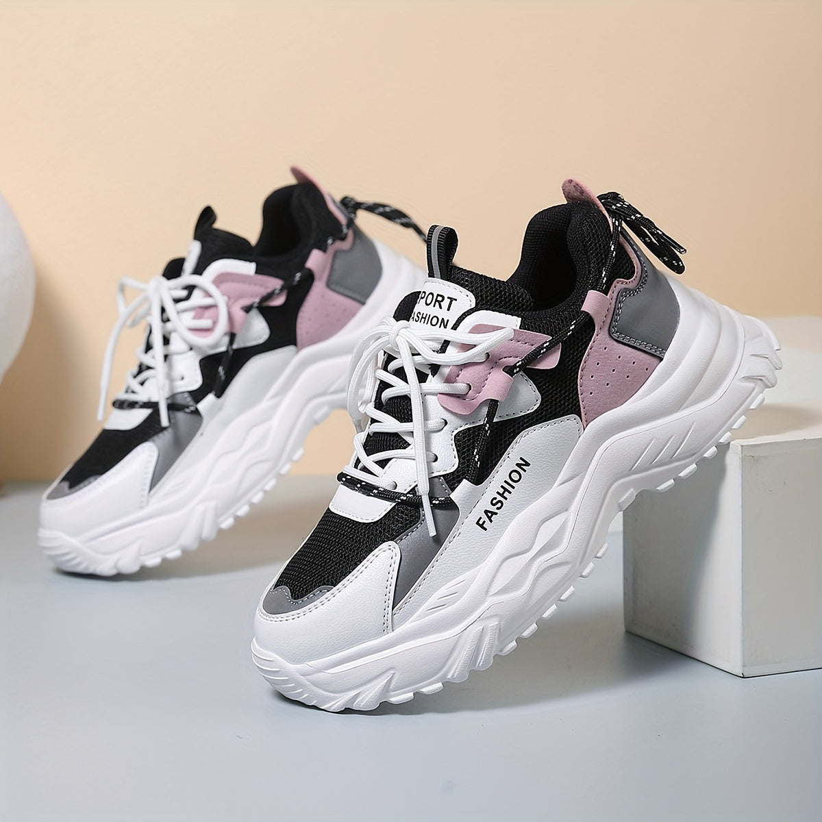 Women's Block Faux Leather Heighten Chunky Sneakers Casual