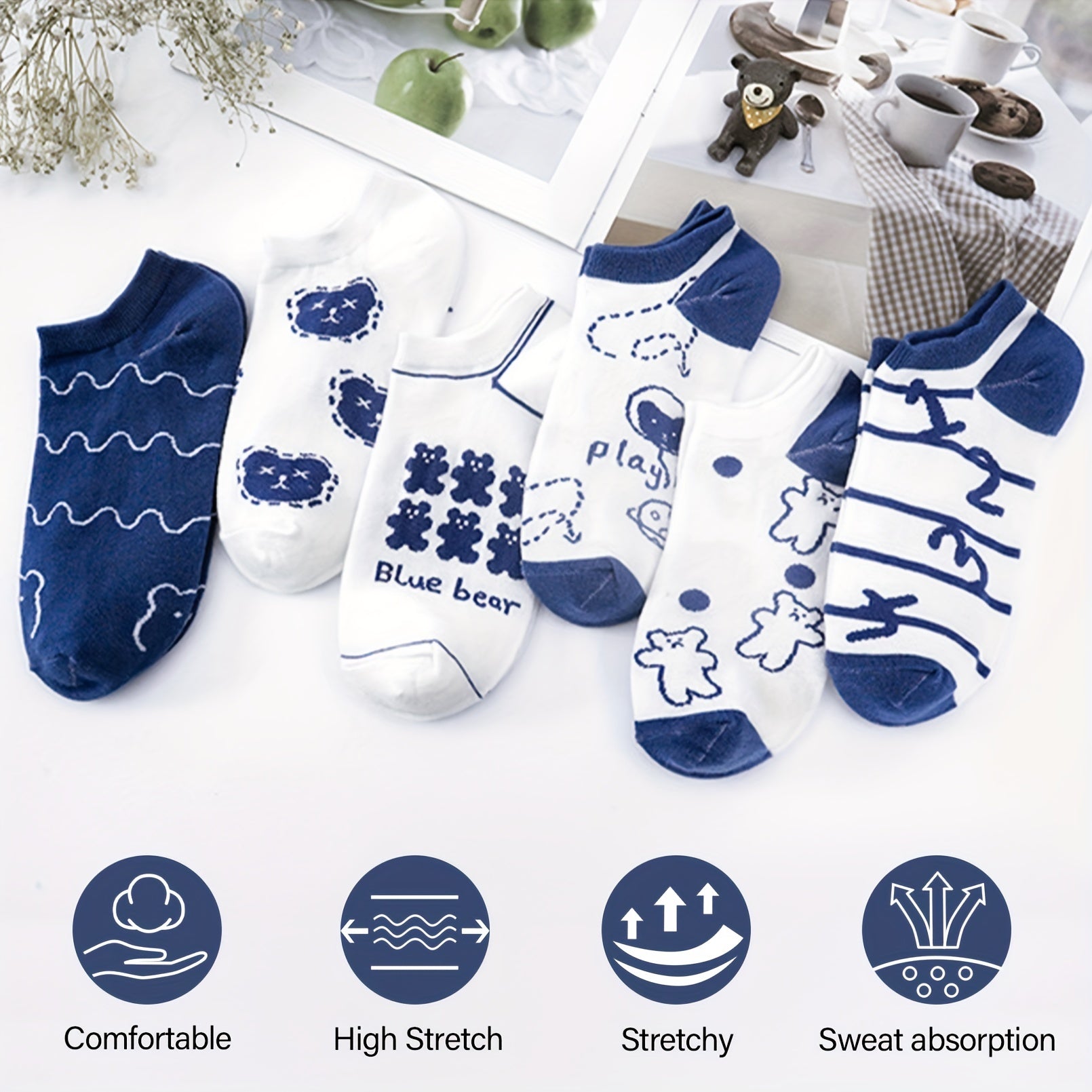 6 Pairs Bear & Bunny Print Short Socks & Ankle Socks Women's Stockings