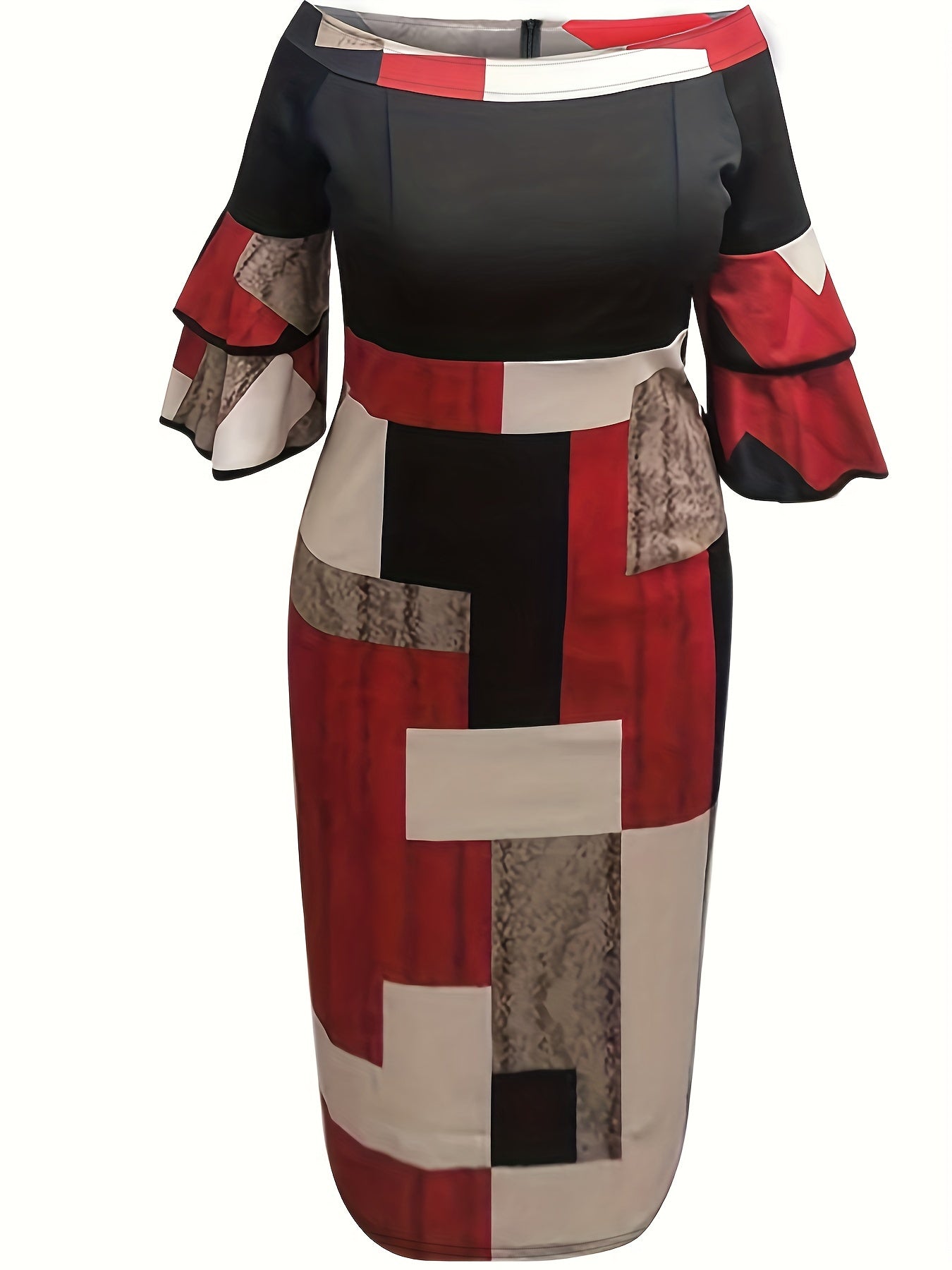  Colorblock Off Shoulder Midi Dress