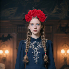 Victorian Rose & Feathered Headpiece Red Flower Soft Pastel