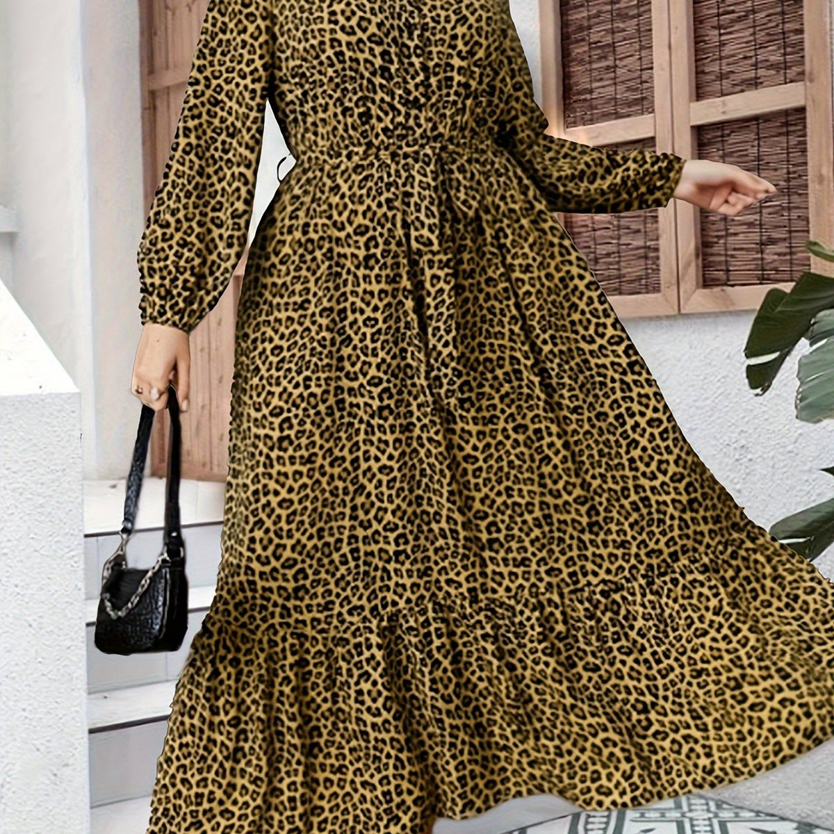  Women's Leopard Print Button Up Long Sleeve Shirt Dress