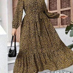  Women's Leopard Print Button Up Long Sleeve Shirt Dress