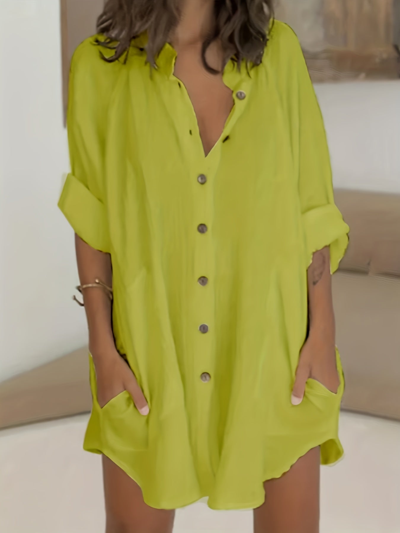  Solid Roll Up Sleeve Mock Neck Button Up Shirt Tunic Top