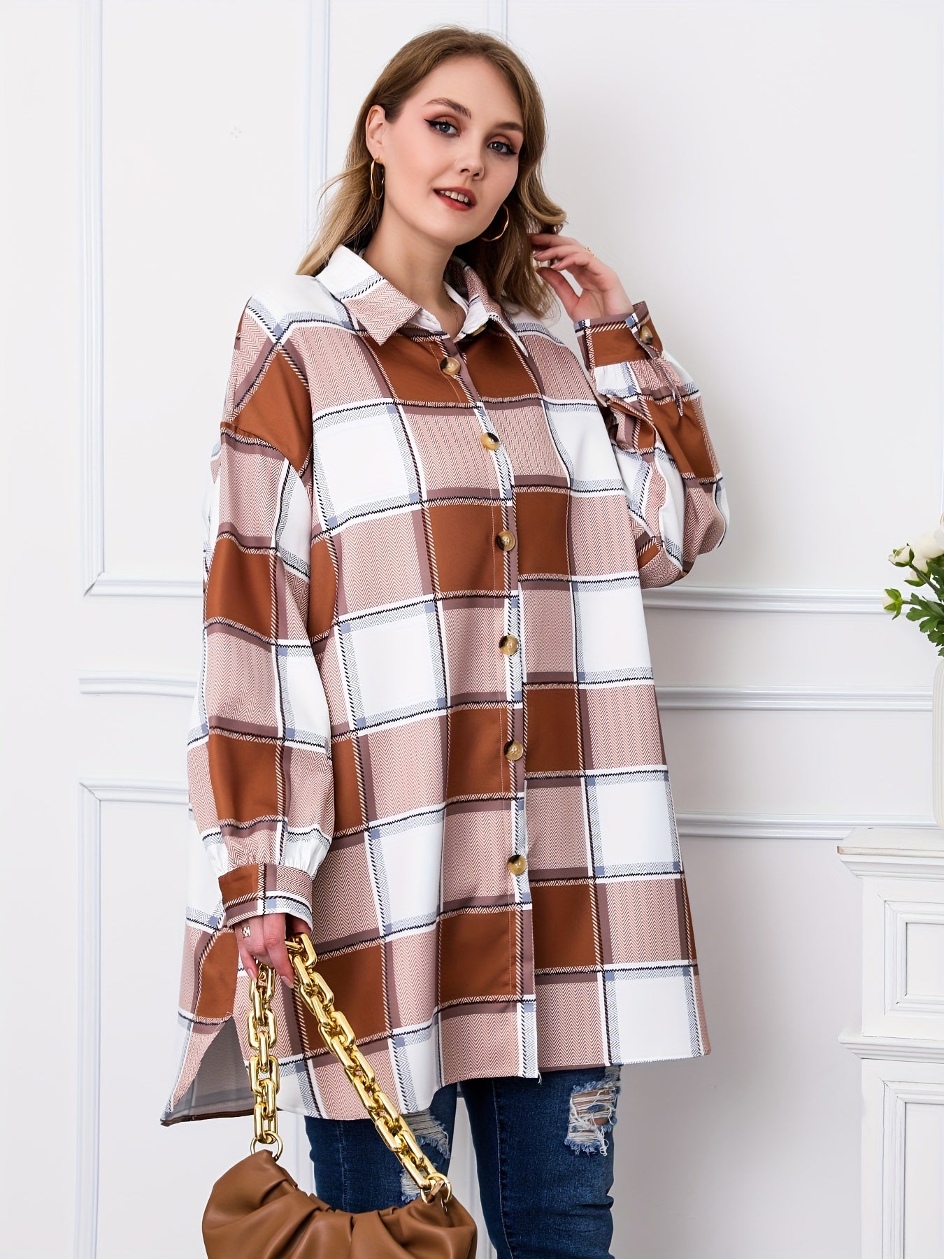  Plaid Print Button Up Long Sleeve Tunic Shirt Top