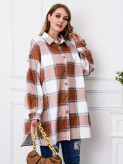 Plaid Print Button Up Long Sleeve Tunic Shirt Top
