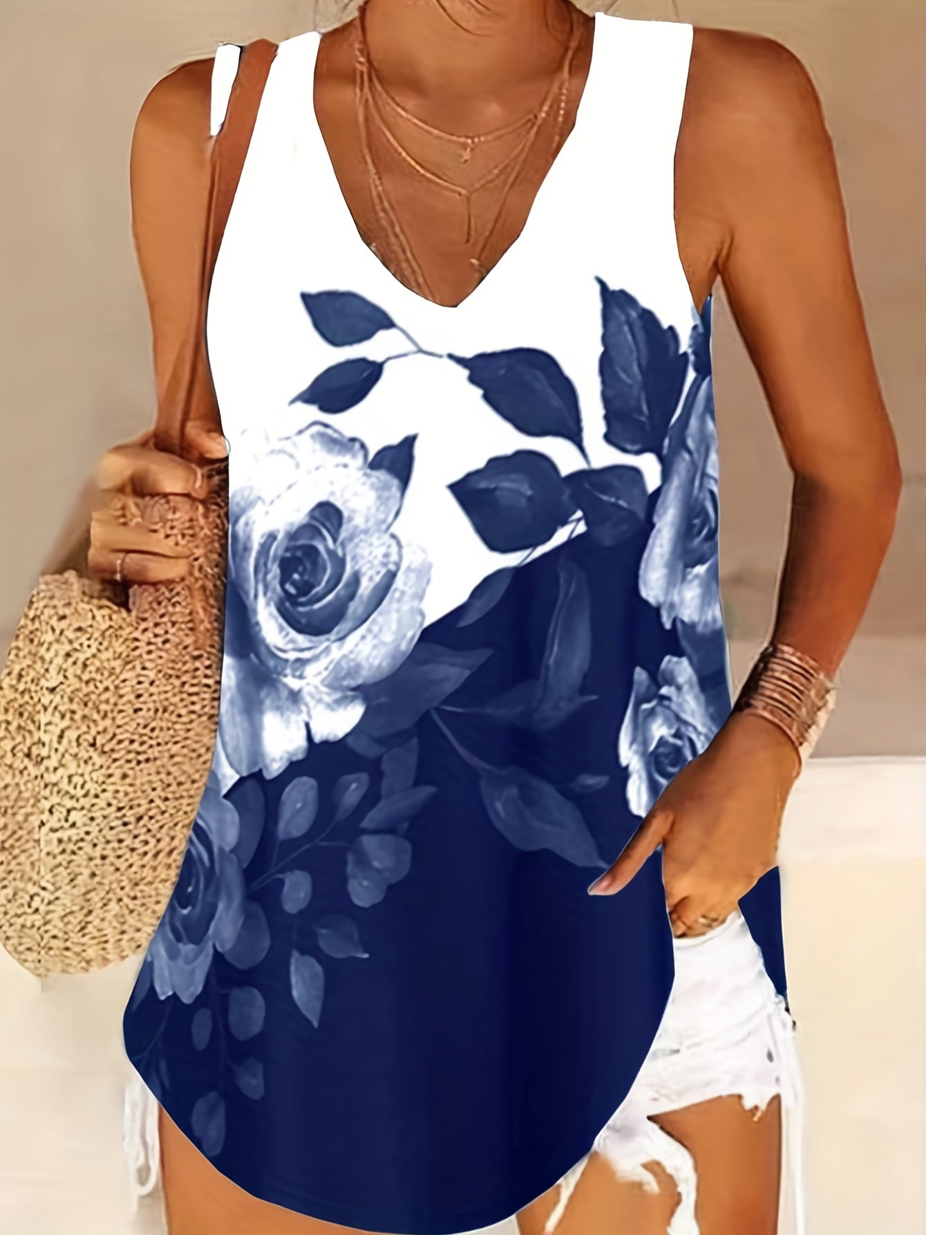  Floral Print V Neck Tank Top