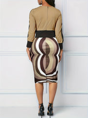  Colorblock Geometric Print Long Sleeve Slim Fit Dress