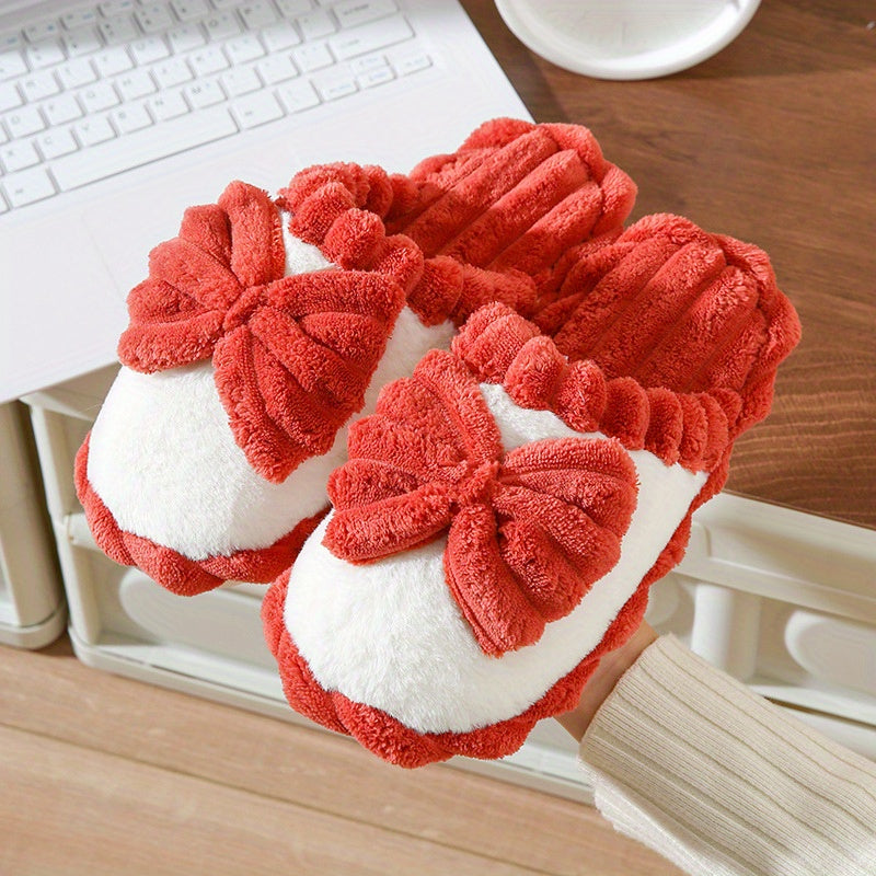 Women's Bowknot Slippers Round Toe Colorblock Warm Fluffy Home Shoes
