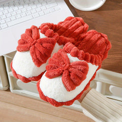 Women's Bowknot Slippers Round Toe Colorblock Warm Fluffy Home Shoes
