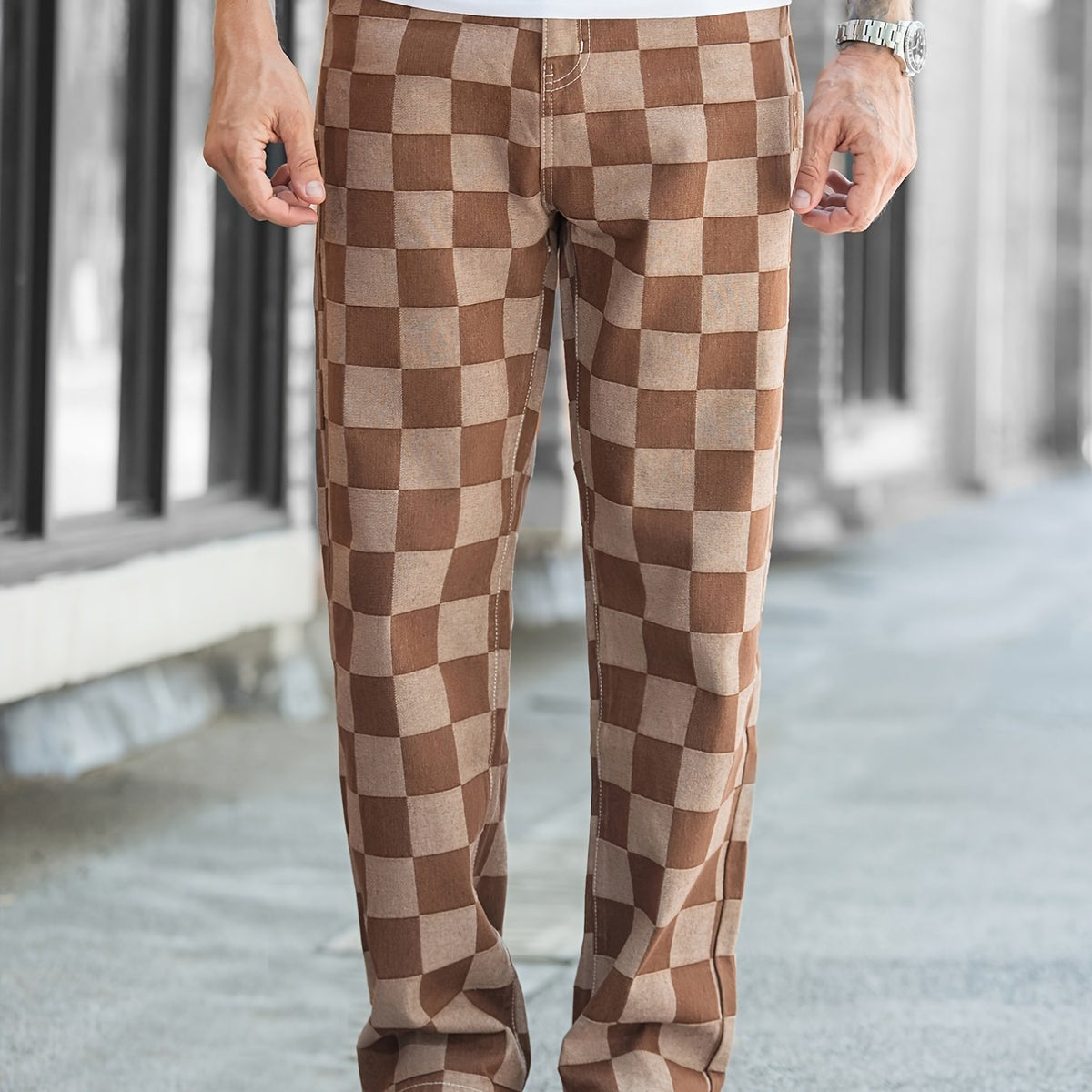 Men's Brown Plaid Denim Pants
