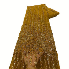 Golden African Organza Lace Fabric High French Beads Lace Sequins Tulle Lace Fab