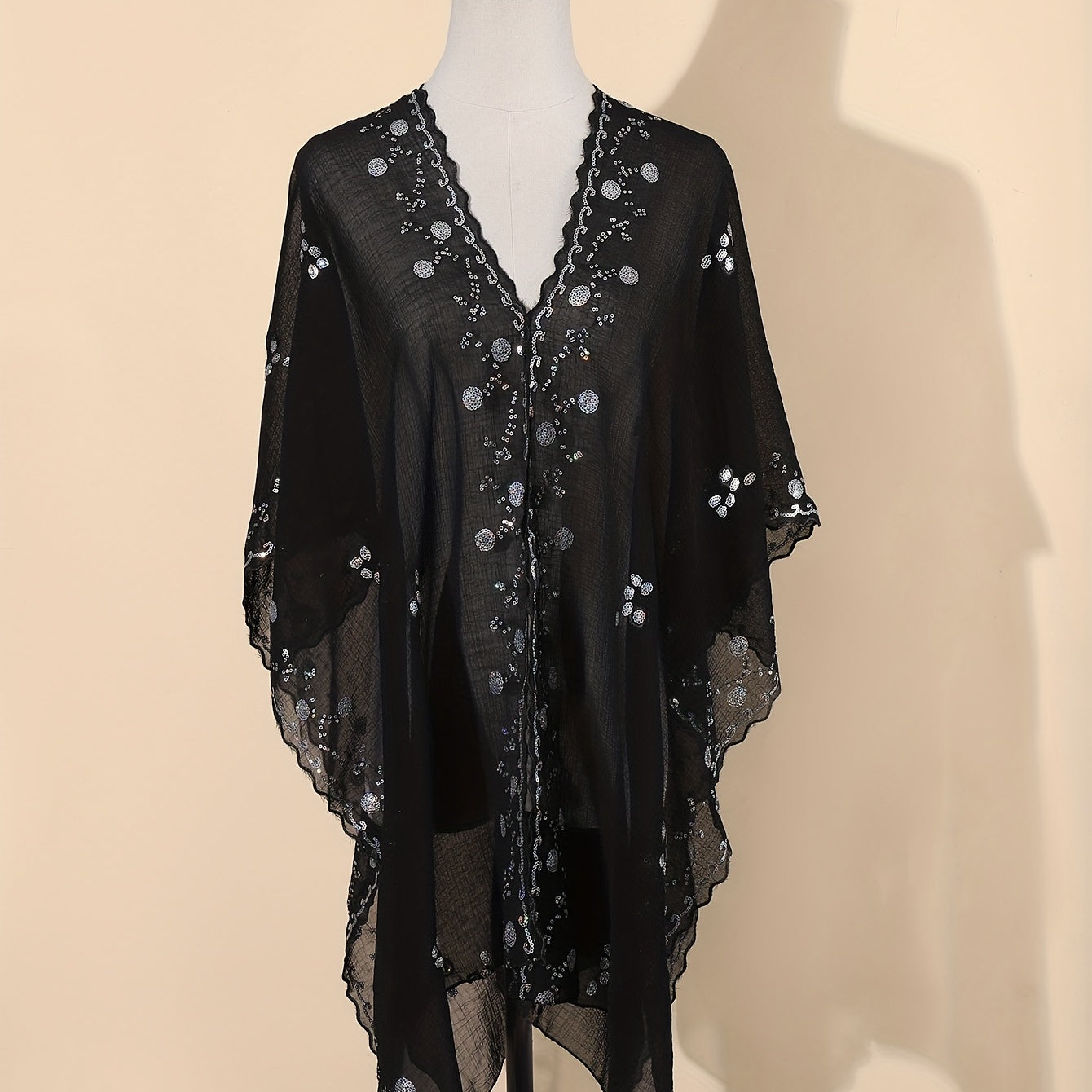 Sequin Chiffon Shawl Vintage Thin Long Wrap Sunscreen Cap