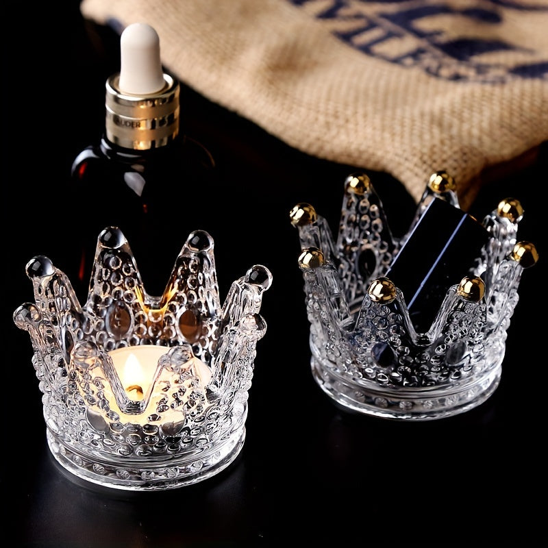 Crown Glass Ashtray Crystal Golden Beads Candlestick