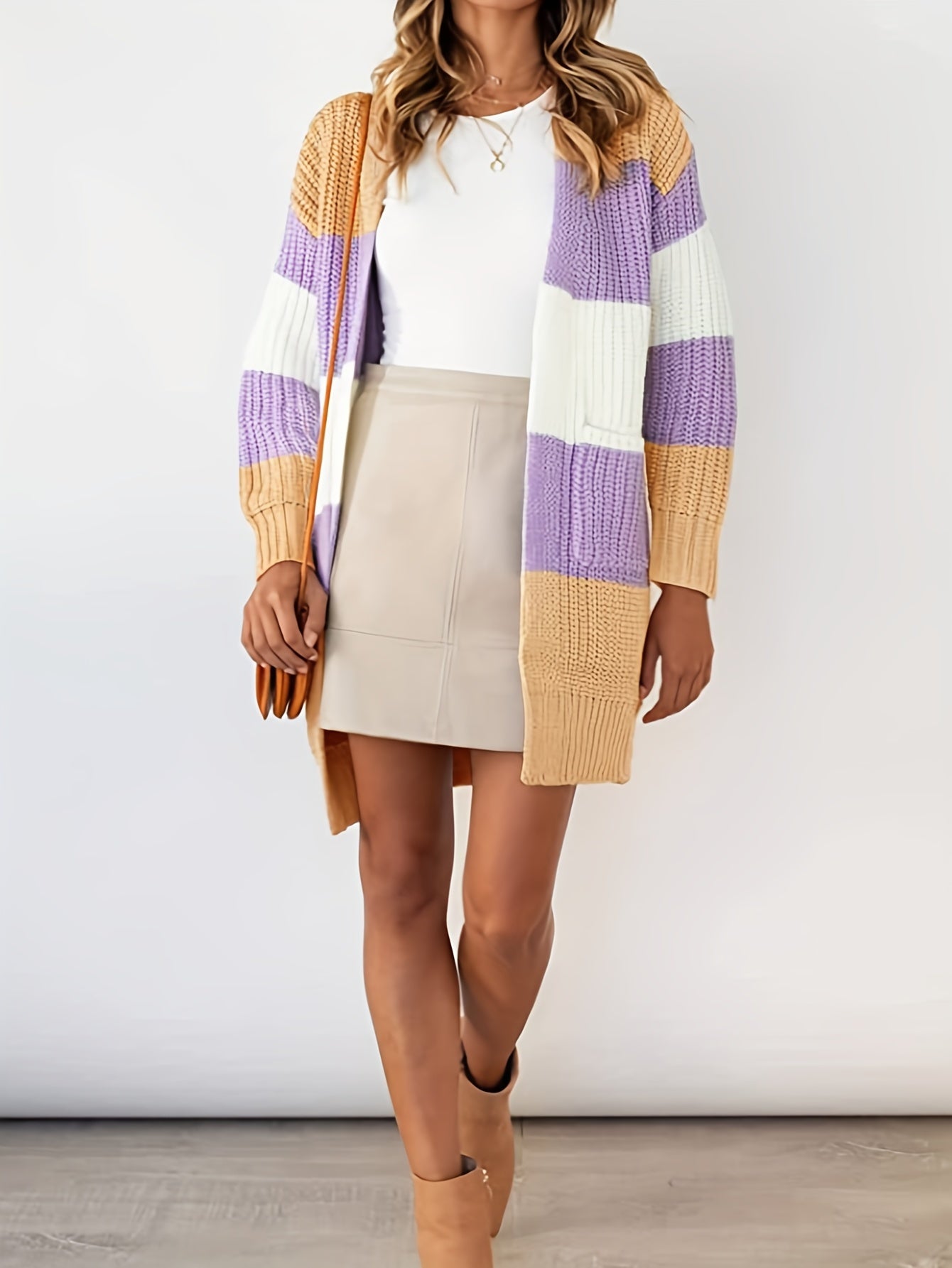  Colorblock Stripe Print Long Sleeve Cardigan