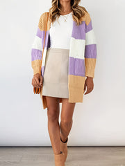  Colorblock Stripe Print Long Sleeve Cardigan