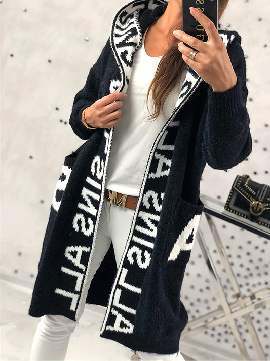  Letter Print Hooded Cardigan with Pockets