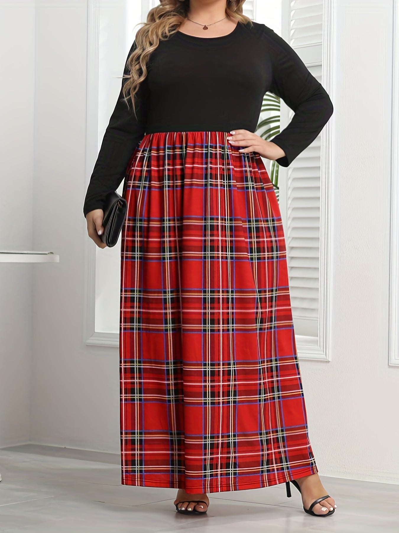  Colorblock Plaid Print Maxi Dress with Pockets