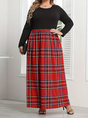  Colorblock Plaid Print Maxi Dress with Pockets